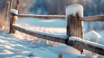 Aged timber fence partly covered in fresh snow, projecting subtle shadows in the winter sun
