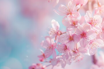 Delicate pink blossoms against a soft blue sky create a peaceful floral scene