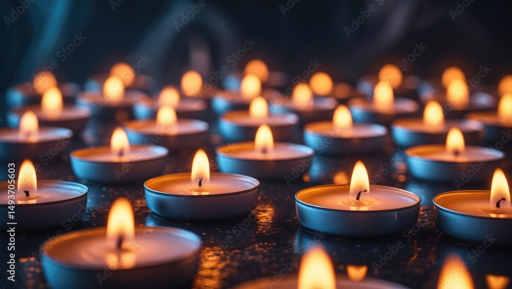 Poster glowing candles in shallow focus. abstract background of candles. multiple flames shining on a dark 