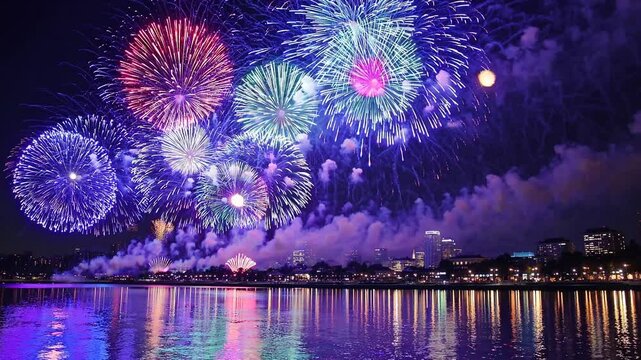 Magnificent fireworks over New York city Lake at Independence Day, 4th of July.