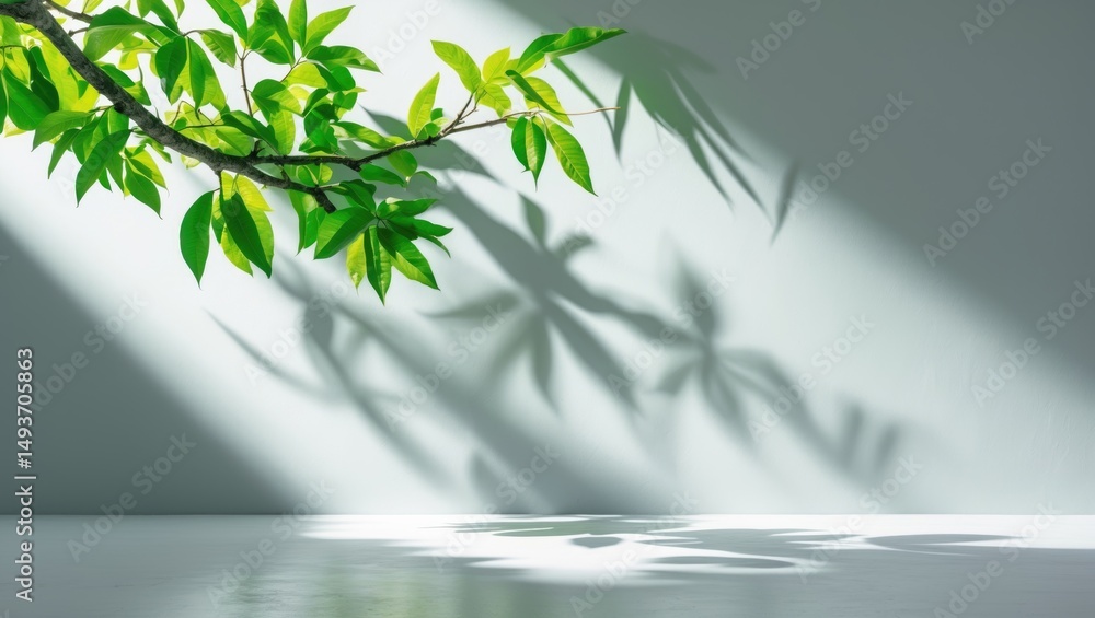 Poster sunlit green leaves on a branch creating shadows on the wall and floor, ample copy space.