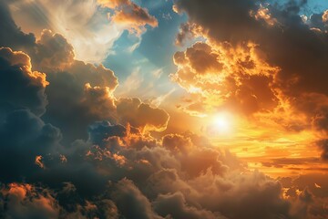 Dramatic sky ablaze with golden sunlight piercing through thick layered clouds