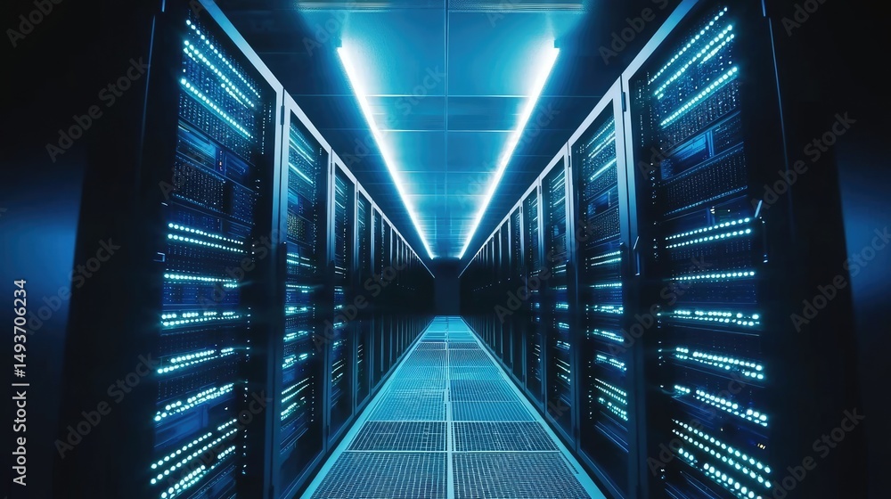 Aufkleber Symmetrical glowing blue data center aisle with high-density server racks, ideal for AI computing, digital infrastructure, cloud architecture, and cybersecurity visualization