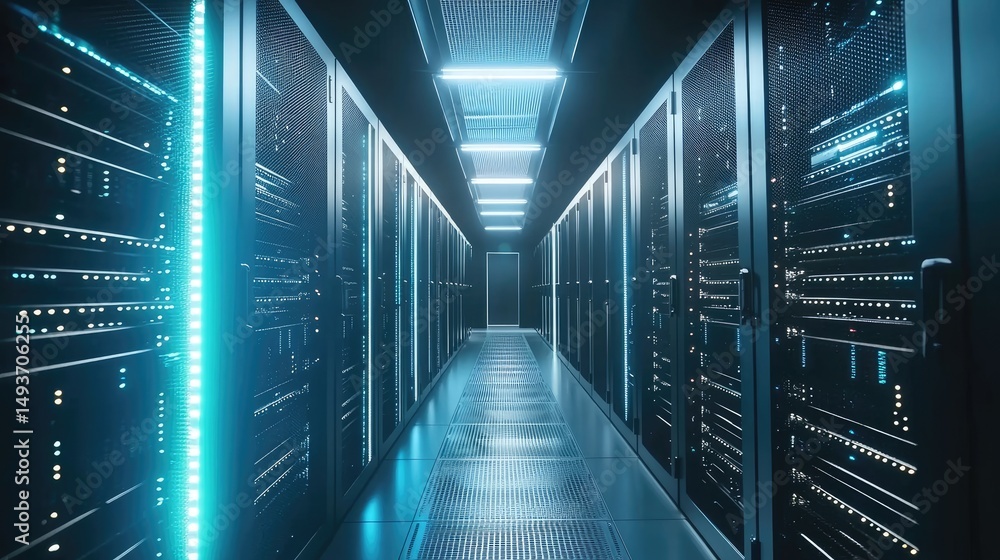 Poster Bright corridor in a modern data center with glowing blue server racks and ceiling lights, ideal for illustrating cloud computing, AI infrastructure, and secure digital systems