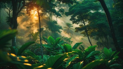 Tropical trees and leaves captured in a hazy forest