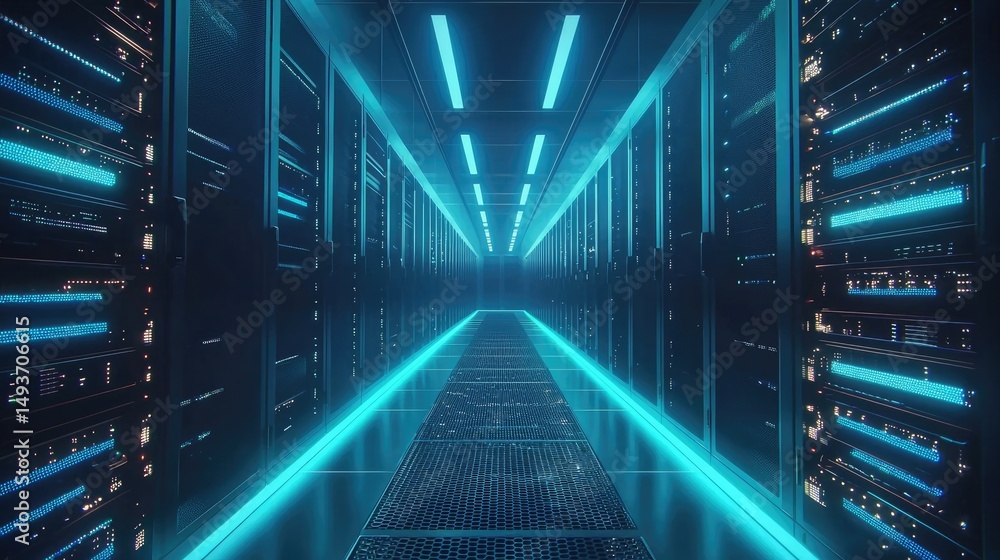 Poster High-tech data center corridor with glowing cyan lights and reflective flooring, perfect for illustrating cloud infrastructure, AI systems, server hosting, and digital security themes