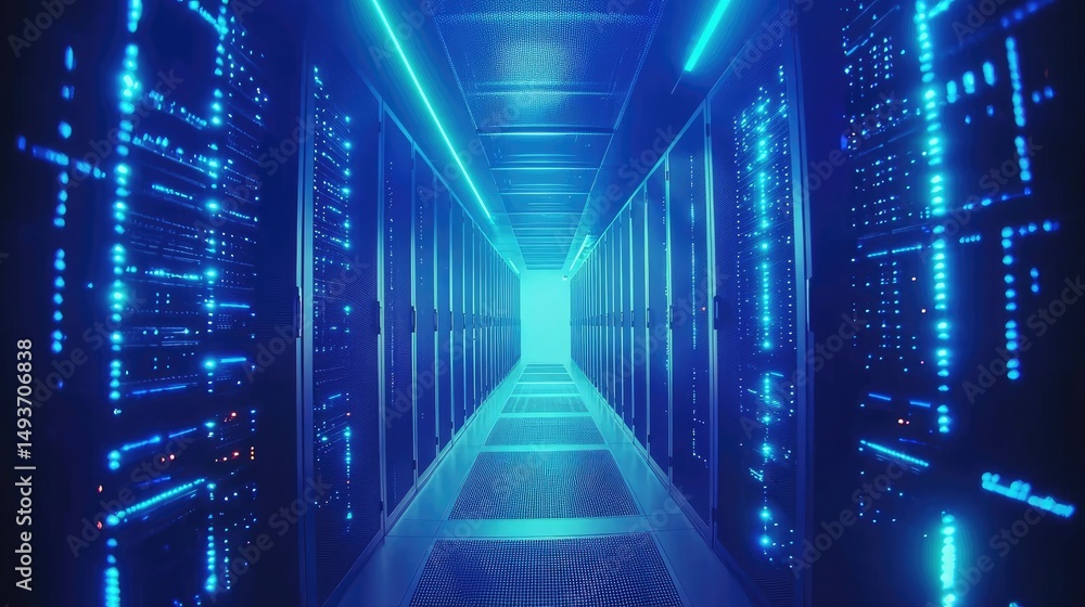 Poster futuristic data center with vibrant blue led-lit server racks and illuminated floor panels, ideal fo