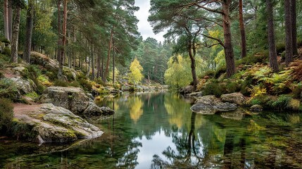 Fototapeta premium River enclosed by dense forest on either bank and rocky landscape on the opposite side