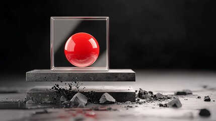 Red sphere in glass cube, on fragmented stone