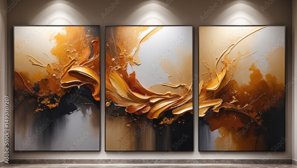 Poster abstract triptych of acrylic art with smeared and blotted designs. background consists of a horizont