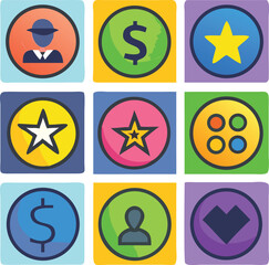 Colorful grid of icons featuring a man, dollar signs, stars, person and heart on square backgrounds
