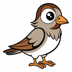 Cute cartoon sparrow with brown feathers and big eyes stands isolated on white