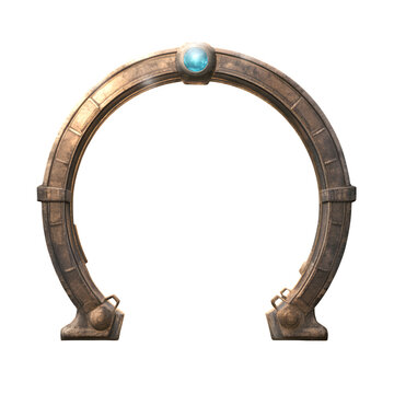 A stargate activated with floating orbs entering, portal concept visual, isolated on transparent background 