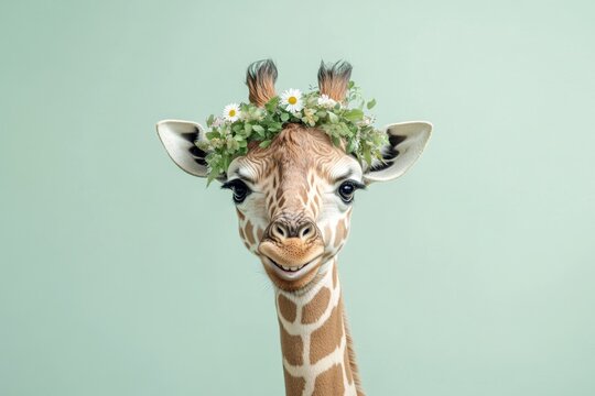 Cute baby animal giraffe wearing free flower circlet on its head - symbol of sunny days. Isolated warm light green background, copy space, digital ads idea. Animal in flower crown shot.