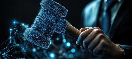 A digital gavel held by a person in a suit, overlaid with a network of light-blue lines and dots