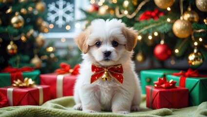 Puppy dressed in a bow sitting beneath the Christmas tree.
