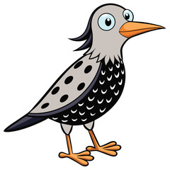 Cartoon bird with grey plumage and orange beak stands alert on white
