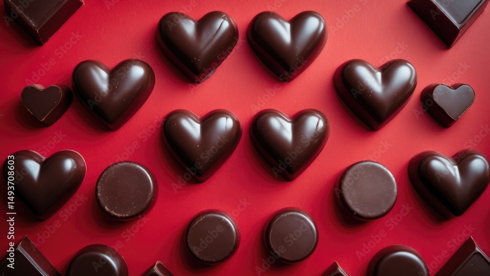 Aufkleber flat lay of chocolate pralines in heart shape on background, overhead view with blank area