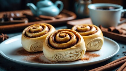 Fototapeta premium Cinnamon swirl pastry for breakfast. Detailed view of a cinnamon roll bun.