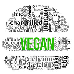 Vegan burger word cloud with terms about plant-based eating, healthy food, and sustainability in a creative typography design. Ideal for vegan menus, eco-food visuals, and healthy lifestyle content