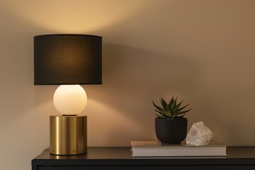 Elegant lamp with decorative plant and crystal on a nightstand for warm interior lighting