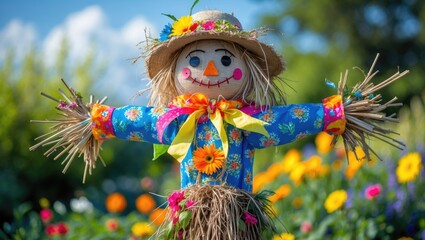 Artistic and Bright Scarecrow in the Garden - Decorative Piece