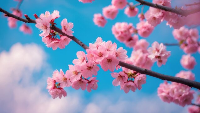 Branches adorned with pink flowers and blue sky backdrop