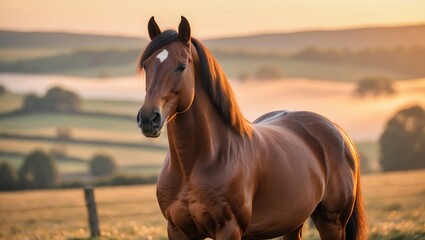 Fototapeta premium Lovely horse showcasing itself in the morning's first rays