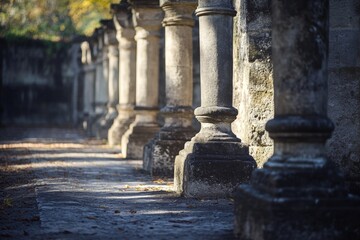 Sunlit Stone Columns in an Autumnal Park A Serene Pathway of Ancient Architecture, Casting Long Shadows on a Fallen Leaf-Strewn Path, Evoking a Sense of History and Tranquility.