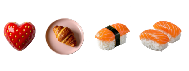 Strawberry heart, croissant, and sushi isolated on transparent background