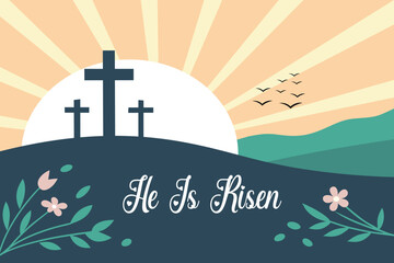 Hopeful religious crucifix silhouette on a hill at sunset