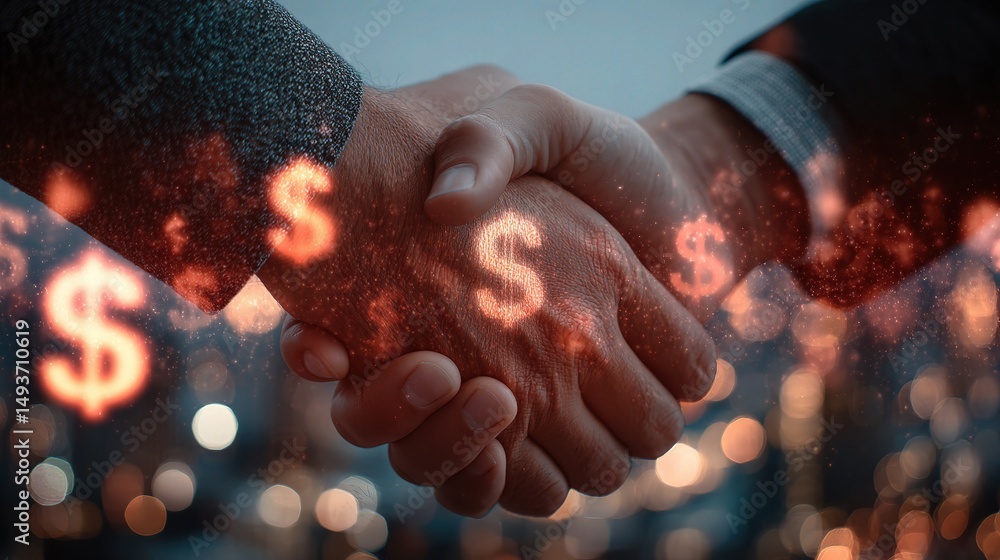 Poster business handshake with floating currency symbols in background