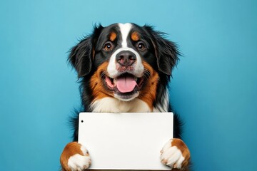 Pet branding sign. Adorable studio smile. Isolated pooch on a solid clothing blue background. Ð¡ute dog bernese mountain dog hold in front paws a template - large white lane sign. Puppy ad idea.