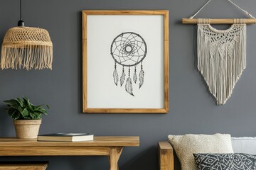 Dreamcatcher poster on gray wall, with woven decor