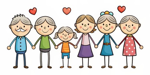 Family Holding Hands with Hearts Above, Stick Figure, Cartoon, Illustration, Love, Family, Happy