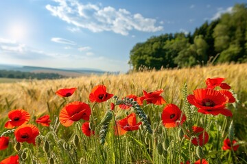Field of vibrant red poppies in full bloom swaying gently under the warm sun