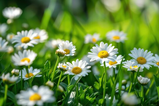 Field of white and yellow daisies under sunlight creating a bright fresh scene