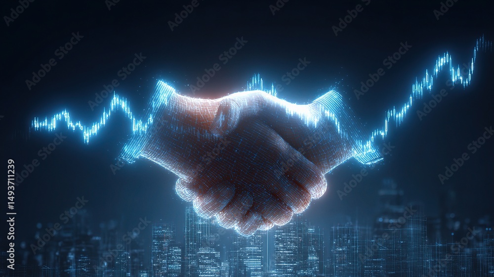 Poster Digital Handshake with Shining Line Chart in Business Context