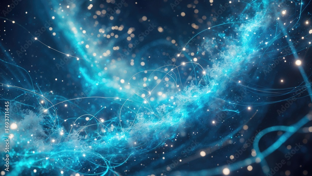 Poster abstract background of computer-generated blue glowing connections in space with particles and big d