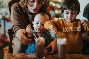 A mother and her two kids bond over hot drinks in a cozy holiday-scene, celebrating festive joy and...