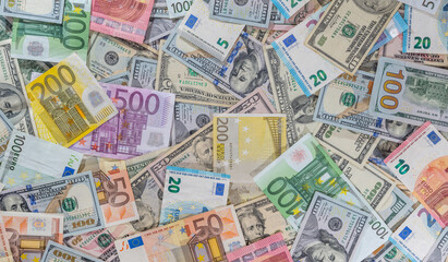 many dollar and euro banknote as background.
