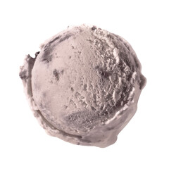 Closeup a scoop lifting a natural ball of rich chocolate ice cream, isolated against a stark transparent background