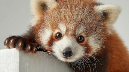 Obraz premium A red panda cub peeks over a white wall with its paw on the edge
