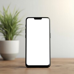 A sleek black smartphone with a pristine white blank screen is centered vertically on a light brown wooden coaster