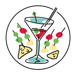 Minimalist Martini Vector Art – Hand Drawn Cocktail with Olive and Cheese Canapé, Black Outline