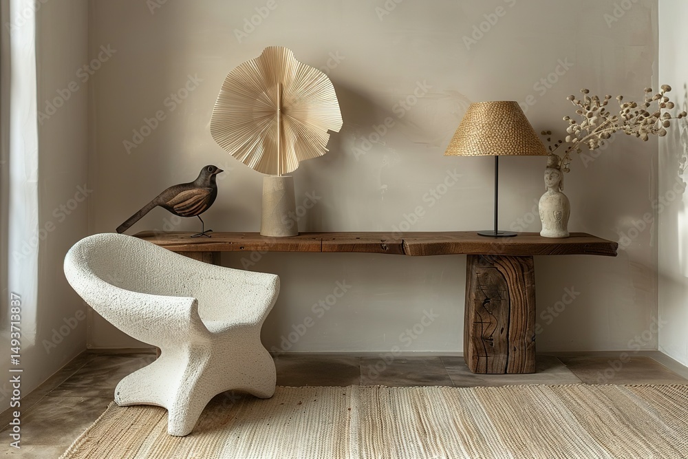 Poster interior setting with textured chair rustic console table lamp and decorative objects