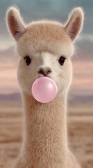 Obraz premium Adorable Alpaca Posing with Pink Bubble Gum in Front of Scenic Landscape