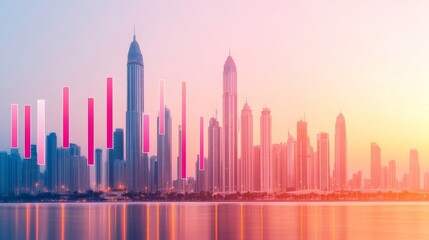 Obraz premium Cityscape Growth Chart Dubai Skyline with Rising Bar Graph Overlay, Finance ,Investment