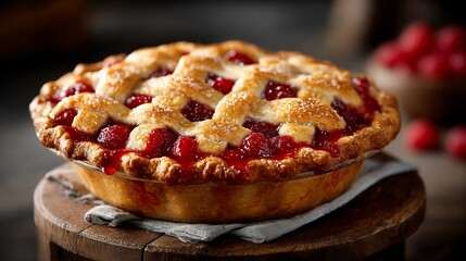Crimson cherry pie on wood stand