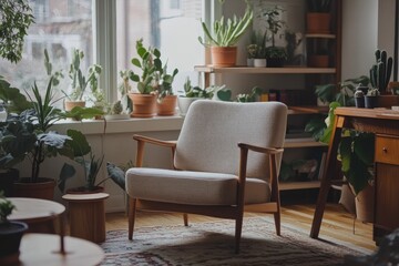 Fototapeta premium Cozy room with plants and armchair by a window